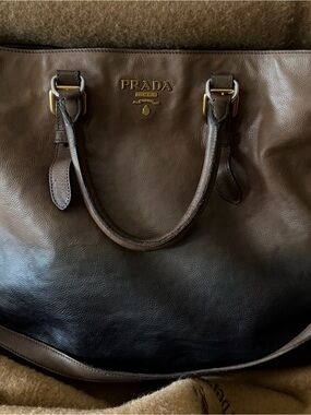 Prada Ombré Taupe-Brown Expandable Leather Bag w/Two Tone Gold & Silver Hardware
